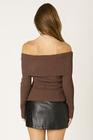 Folded Muse sweater, ribbed knit sweater, off-the-shoulder sweater, fold-over neckline, cozy fall sweater, boutique chic sweater, women’s contemporary fashion, layering sweater, stylish knitwear, relaxed fit sweater.