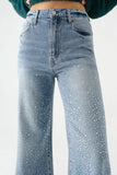 Daze Denim Far Out High Rise Wide Leg in Stardust Style D00017191DC STRDT in Stardust; Crystal Embellished, Medium Wash, High Rise, Wide Leg Jeans.