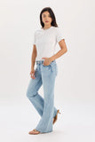 Daze Denim Lowkey Low Rise Flare in Wanted Style D00017051ZZ. Women's Light Wash Low Rise Fit and Flare Jeans with a raw hem.