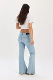 Daze Denim Lowkey Low Rise Flare in Wanted Style D00017051ZZ. Women's Light Wash Low Rise Fit and Flare Jeans with a raw hem.
