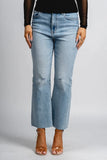 Daze Denim Shy Girl Style D00017171 in New Light; Women's cotton blend stretch cropped flare raw hem light wash high rise jeans