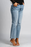 Daze Denim Shy Girl Style D00017171 in New Light; Women's cotton blend stretch cropped flare raw hem light wash high rise jeans