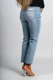 Daze Denim Shy Girl Style D00017171 in New Light; Women's cotton blend stretch cropped flare raw hem light wash high rise jeans