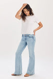 Daze Denim Lowkey Low Rise Flare in Wanted Style D00017051ZZ. Women's Light Wash Low Rise Fit and Flare Jeans with a raw hem.