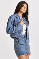 Dear John Denim Diane Cropped Denim Jacket Style JM62B234DRN in Dearborn;Cropped Denim Jacket;Cropped Raw Hem Denim Jacket;Medium Wash Denim Jacket; 