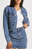 Dear John Denim Diane Cropped Denim Jacket Style JM62B234DRN in Dearborn;Cropped Denim Jacket;Cropped Raw Hem Denim Jacket;Medium Wash Denim Jacket; 