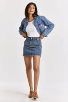 Dear John Denim Diane Cropped Denim Jacket Style JM62B234DRN in Dearborn;Cropped Denim Jacket;Cropped Raw Hem Denim Jacket;Medium Wash Denim Jacket; 