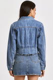 Dear John Denim Diane Cropped Denim Jacket Style JM62B234DRN in Dearborn;Cropped Denim Jacket;Cropped Raw Hem Denim Jacket;Medium Wash Denim Jacket; 