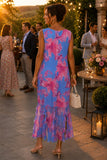 Back view of blue floral mesh maxi dress featuring a body-skimming silhouette and unlined sheer mesh hem. Deborah Viereck Victory Dress in Max Mesh