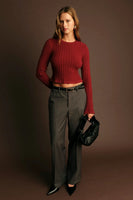 Deluc Clothing Buddleia Sweater Style 9206D in Malbec;bell sleeve wide rib fall sweater; Red Cropped Wide rib sweater with extra long bell sleeves