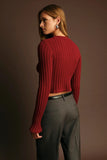 Deluc Clothing Buddleia Sweater Style 9206D in Malbec;bell sleeve wide rib fall sweater; Red Cropped Wide rib sweater with extra long bell sleeves