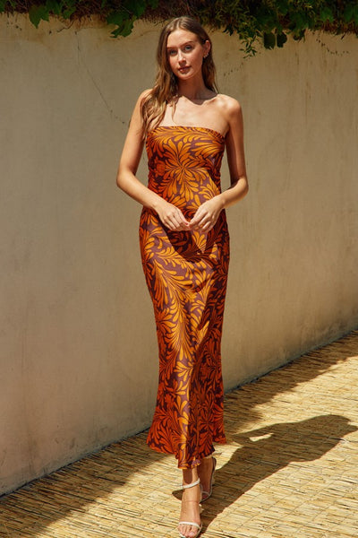 Dress Forum Clothing Deco Strapless Draped Back Maxi Dress STyle FD11690-P1404 in Deep Amber;Strapless Maxi DRess;Back Cowl Dress;Wedding Guest Dress;Summer GUest Dress;Fall Wedding Guest Dress