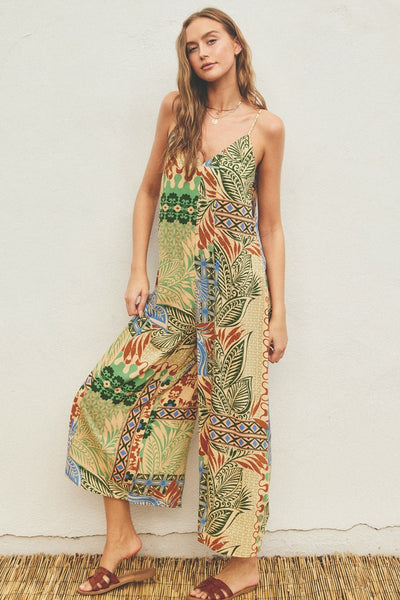Dress Forum Clothing Desert Bliss Tie Back Detail Jumpsuit style FJS11723-P1401 in Natural Blue Tropical Print; 