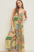 Dress Forum Clothing Desert Bliss Tie Back Detail Jumpsuit style FJS11723-P1401 in Natural Blue Tropical Print; 