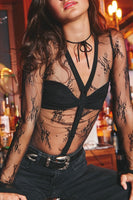 Dress Forum Clothing Lace V Neck Button Down Bodysuit Style FBS10873-CP19 in Black; 