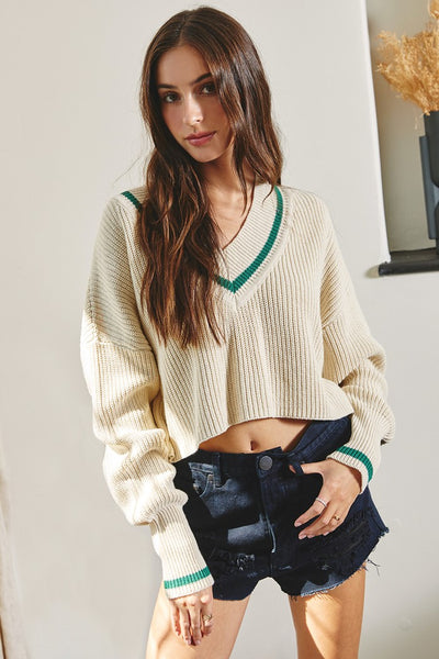 Dress Forum Clothing Stripe Detail Cropped Sweater FWT11156 Ivory Polo Green;Cropped Varsity Style Sweater;Women's V-neck varsity style sweater