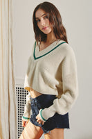 Dress Forum Clothing Stripe Detail Cropped Sweater FWT11156 Ivory Polo Green;Cropped Varsity Style Sweater;Women's V-neck varsity style sweater