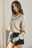 Dress Forum Clothing Stripe Detail Cropped Sweater FWT11156 Ivory Polo Green;Cropped Varsity Style Sweater;Women's V-neck varsity style sweater