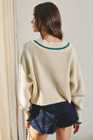 Dress Forum Clothing Stripe Detail Cropped Sweater FWT11156 Ivory Polo Green;Cropped Varsity Style Sweater;Women's V-neck varsity style sweater