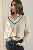 Dress Forum Clothing Stripe Detail Cropped Sweater FWT11156 Ivory Polo Green;Cropped Varsity Style Sweater;Women's V-neck varsity style sweater