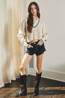 Dress Forum Clothing Stripe Detail Cropped Sweater FWT11156 Ivory Polo Green;Cropped Varsity Style Sweater;Women's V-neck varsity style sweater