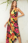 Dress Forum Euphoria Asymmetrical Pleated Maxi Dress Style FD10589-P1306 in Fuchsia Floral;Floral Pleated Asymmetrical Maxi Dress;Dress Forum Maxi Dress; 