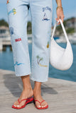 Driftwood Jeans Royce Straight - Destination Doodle Style DW-P44193A Light Wash. Cotton Stretch Coastal Destination inspired Embroidered Cropped straight Leg Summer Jeans.
