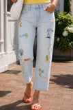 Driftwood Jeans Royce Straight - Destination Doodle Style DW-P44193A Light Wash. Cotton Stretch Coastal Destination inspired Embroidered Cropped straight Leg Summer Jeans.