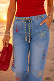 Driftwood Jeans Twyla Barrel - Going Coastal Style DW-44221A in Light wash. Cotton stretch, rope belted cropped coastal embroidered summer barrel jeans