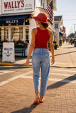 Driftwood Jeans Twyla Barrel - Going Coastal Style DW-44221A in Light wash. Cotton stretch, rope belted cropped coastal embroidered summer barrel jeans