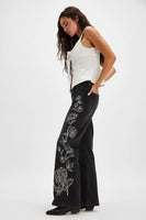 Driftwood Jeans Charlee Wide Leg - Etched Style DW-P43063A in Black with White; Wide Leg Jeans; Embroidered Black Jeans