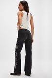 Driftwood Jeans Charlee Wide Leg - Etched Style DW-P43063A in Black with White; Wide Leg Jeans; Embroidered Black Jeans