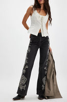 Driftwood Jeans Charlee Wide Leg - Etched Style DW-P43063A in Black with White; Wide Leg Jeans; Embroidered Black Jeans