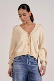 Elan CLothing Mina Cardigan Style SWB11596 NAT-CB in Natural and Tan Colorblock; Colorblocked Button Front V-neck spring cardigan