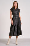 Elan Clothing Cap Sleeve Belted Midi Dress Style DT50033 in Grey Dark Wash; Button Front Midi Dress with a Tiered Skirt; Black Fall Midi Skirt; 