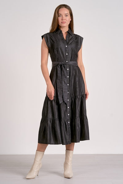 Elan Clothing Cap Sleeve Belted Midi Dress Style DT50033 in Grey Dark Wash; Button Front Midi Dress with a Tiered Skirt; Black Fall Midi Skirt; 