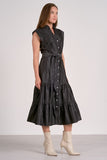 Elan Clothing Cap Sleeve Belted Midi Dress Style DT50033 in Grey Dark Wash; Button Front Midi Dress with a Tiered Skirt; Black Fall Midi Skirt; 