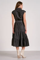 Elan Clothing Cap Sleeve Belted Midi Dress Style DT50033 in Grey Dark Wash; Button Front Midi Dress with a Tiered Skirt; Black Fall Midi Skirt; 