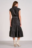 Elan Clothing Cap Sleeve Belted Midi Dress Style DT50033 in Grey Dark Wash; Button Front Midi Dress with a Tiered Skirt; Black Fall Midi Skirt; 