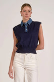Elan Clothing Cap Sleeve Denim Accent Sweater Style SW11594 in both Navy and in Off White; 