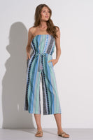 Elan Clothing Caro Jumpsuit Style CNE7095 BLGN in Blue Green Arrow;Strapless Wide Leg Cropped Summer Jumpsuit; 