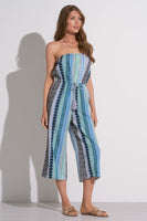 Elan Clothing Caro Jumpsuit Style CNE7095 BLGN in Blue Green Arrow;Strapless Wide Leg Cropped Summer Jumpsuit; 