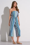 Elan Clothing Caro Jumpsuit Style CNE7095 BLGN in Blue Green Arrow;Strapless Wide Leg Cropped Summer Jumpsuit; 