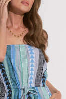 Elan Clothing Caro Jumpsuit Style CNE7095 BLGN in Blue Green Arrow;Strapless Wide Leg Cropped Summer Jumpsuit; 
