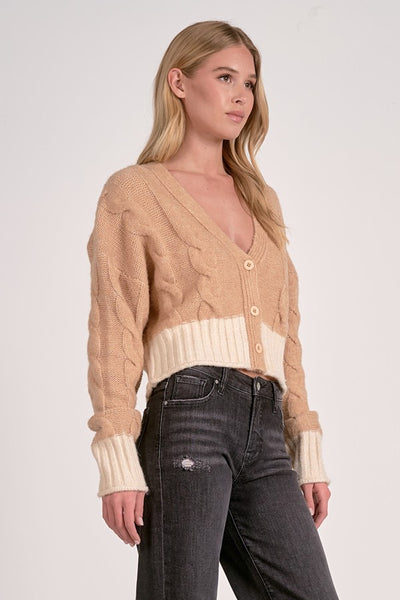 Elan Clothing Carrie Sweater Cardigan Style SWB11540 in Tan with Natural and also in Grey with White;color block sweater cardigan;Fall Short Sweater Cardigan; 
