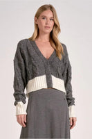 Elan Clothing Carrie Sweater Cardigan Style SWB11540 in Tan with Natural and also in Grey with White;color block sweater cardigan;Fall Short Sweater Cardigan; 