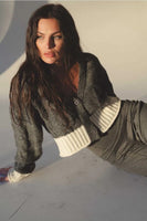 Elan Clothing Carrie Sweater Cardigan Style SWB11540 in Tan with Natural and also in Grey with White;color block sweater cardigan;Fall Short Sweater Cardigan; 