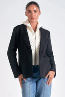 Elan Clothing Celine Sweater Blazer Style JK8064 BOW In Black with off white; Layered Look Sweater blazer combo;  Elan Blazer sweater combo
