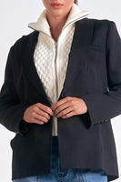 Elan Clothing Celine Sweater Blazer Style JK8064 BOW In Black with off white; Layered Look Sweater blazer combo;  Elan Blazer sweater combo