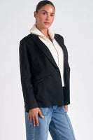 Elan Clothing Celine Sweater Blazer Style JK8064 BOW In Black with off white; Layered Look Sweater blazer combo;  Elan Blazer sweater combo